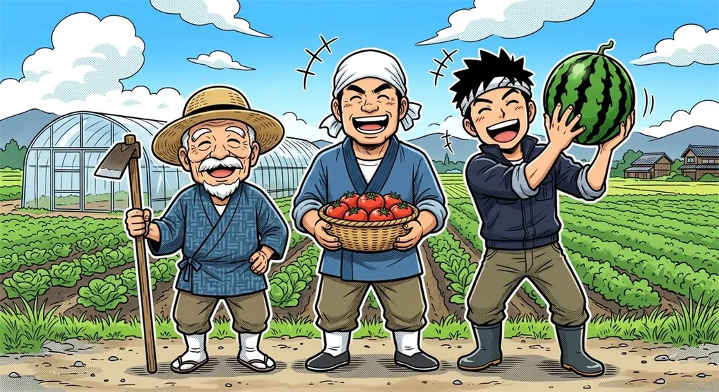 祖父・父・息子の3世代の農家が畑の前で笑っているイラスト
